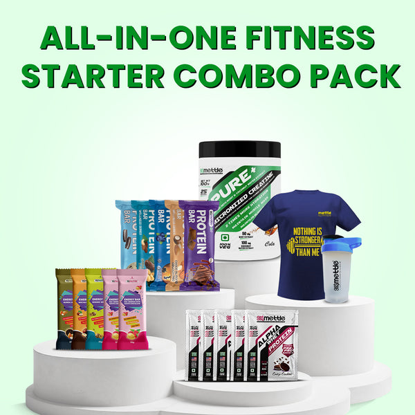 5 Sachet Alpha whey 50gm each (Assorted) + Shaker + T shirt + 100gm Creatine (Cola) + Energy Bars pack of 5 + Protein bars pack of 5 (30gm each)