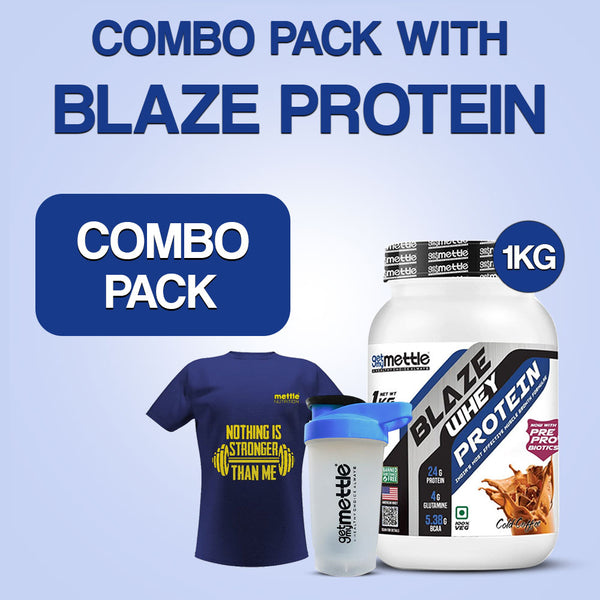 Getmymettle 1kg Blaze whey + shaker + t shirt